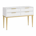 Consola de MDF blanca con patas de metal dorado y 4 cajones
