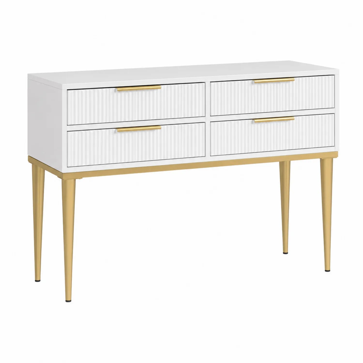 Consola de MDF blanca con patas de metal dorado y 4 cajones