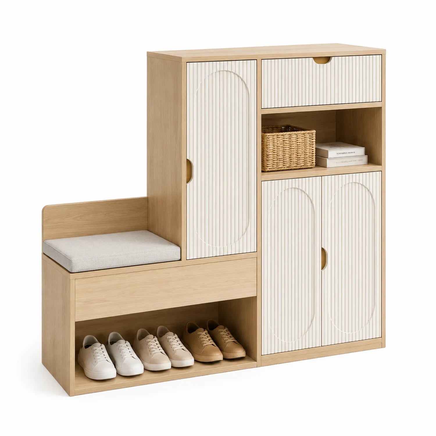 Estante Zapatero de Madera y Cojín, 120x100x35 cm, Beige/Blanco