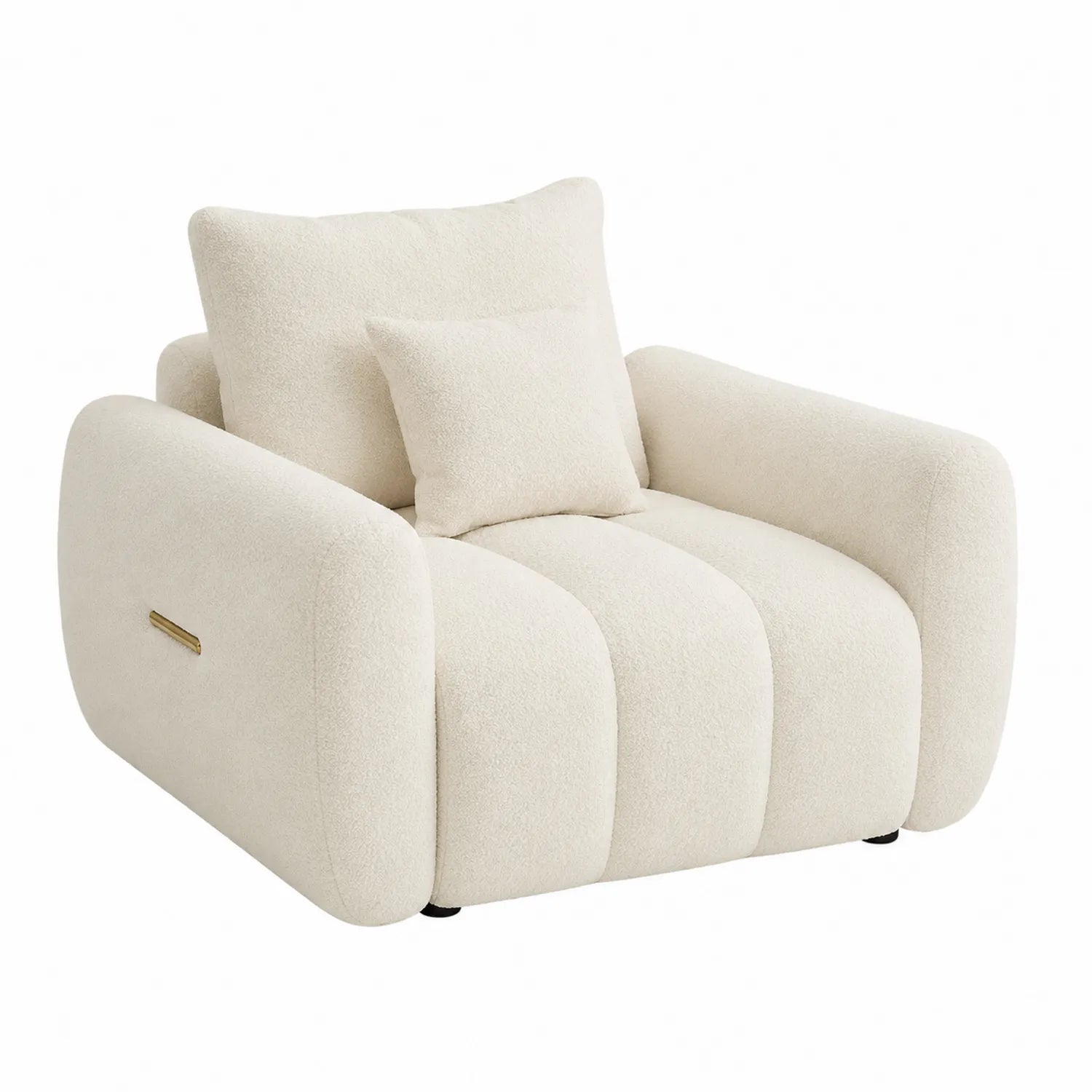 Sofá individual de tela bouclé beige con cojín