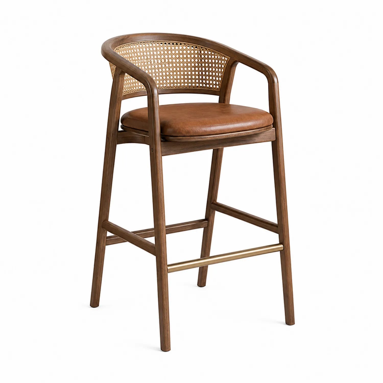 Taburete de Madera de Nogal y Ratán con Asiento de Cuero PU Marrón