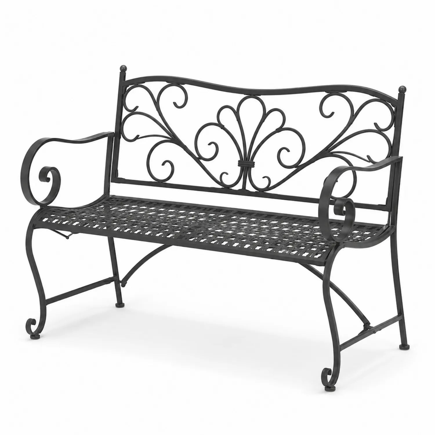 Banco de hierro negro con respaldo decorativo 120x50x85 cm