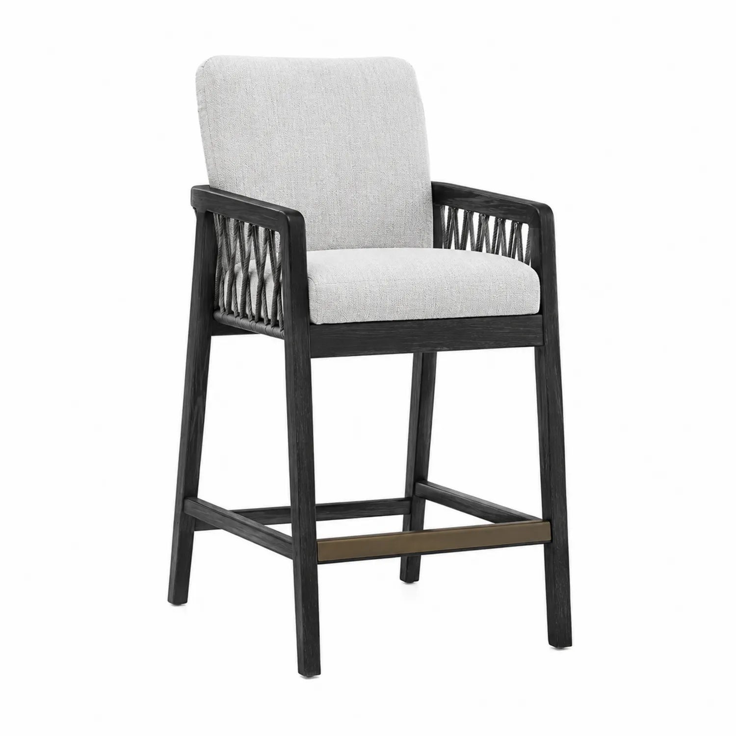 Taburete de madera con respaldo de cuerda y cojín gris