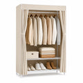 Ropero portátil beige con cortinas y estantes metálicos de 175x110x45 cm
