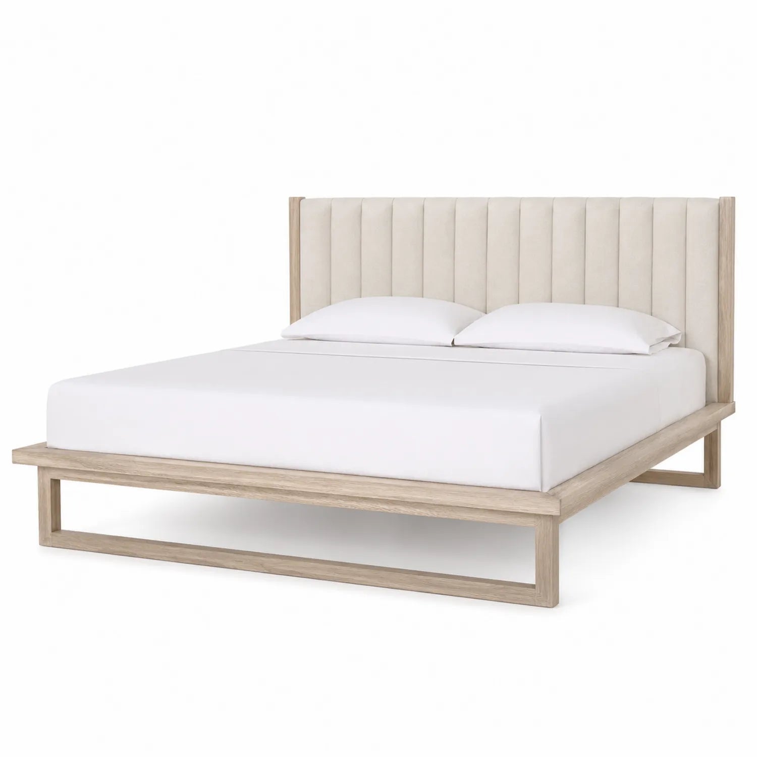 Cama plataforma de roble con cabecera de lino beige 200x150 cm