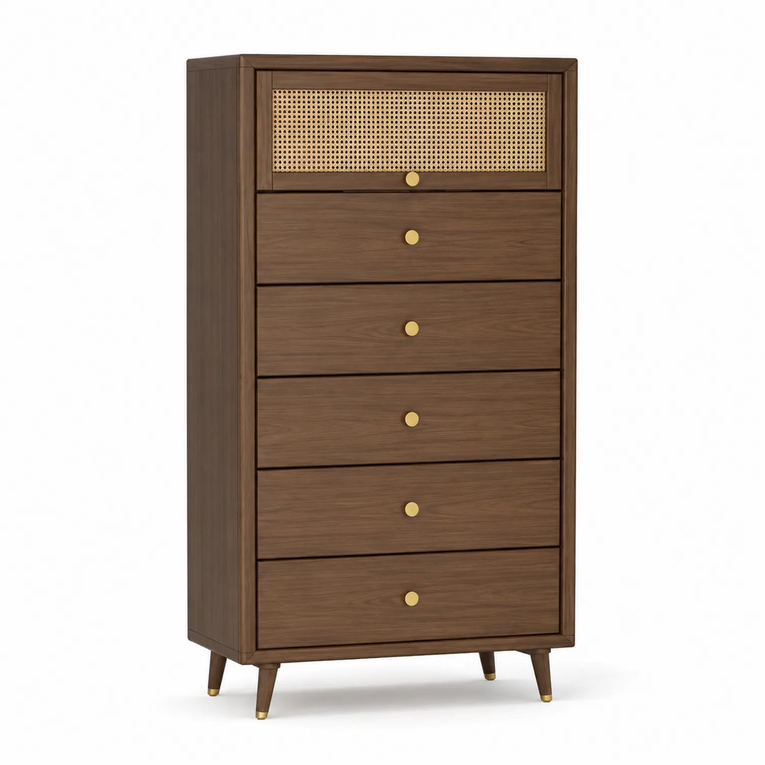 Cómoda de madera de nogal con rejilla y pomos de metal