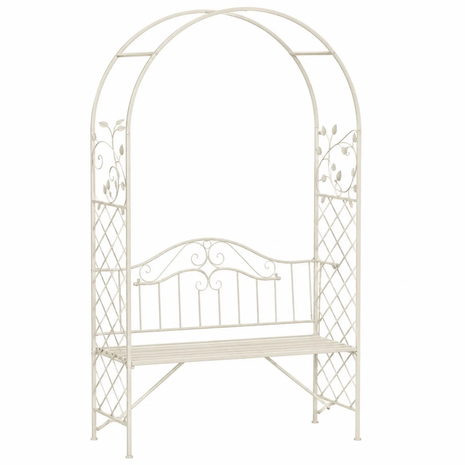 Banco de jardín de metal con arco decorativo Blanco 205x114x59 cm