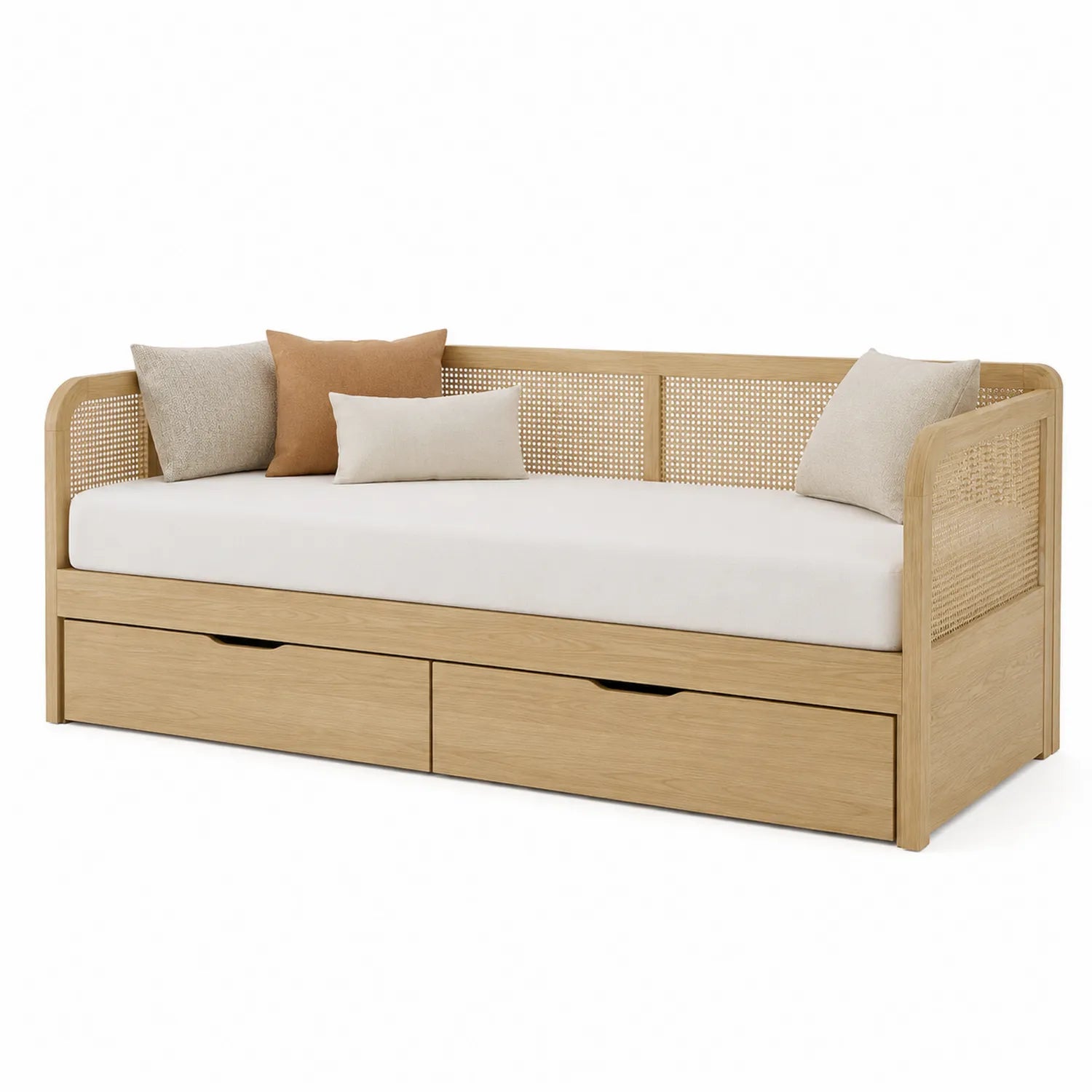Sofá cama nido de madera y ratán con almacenamiento y cojines