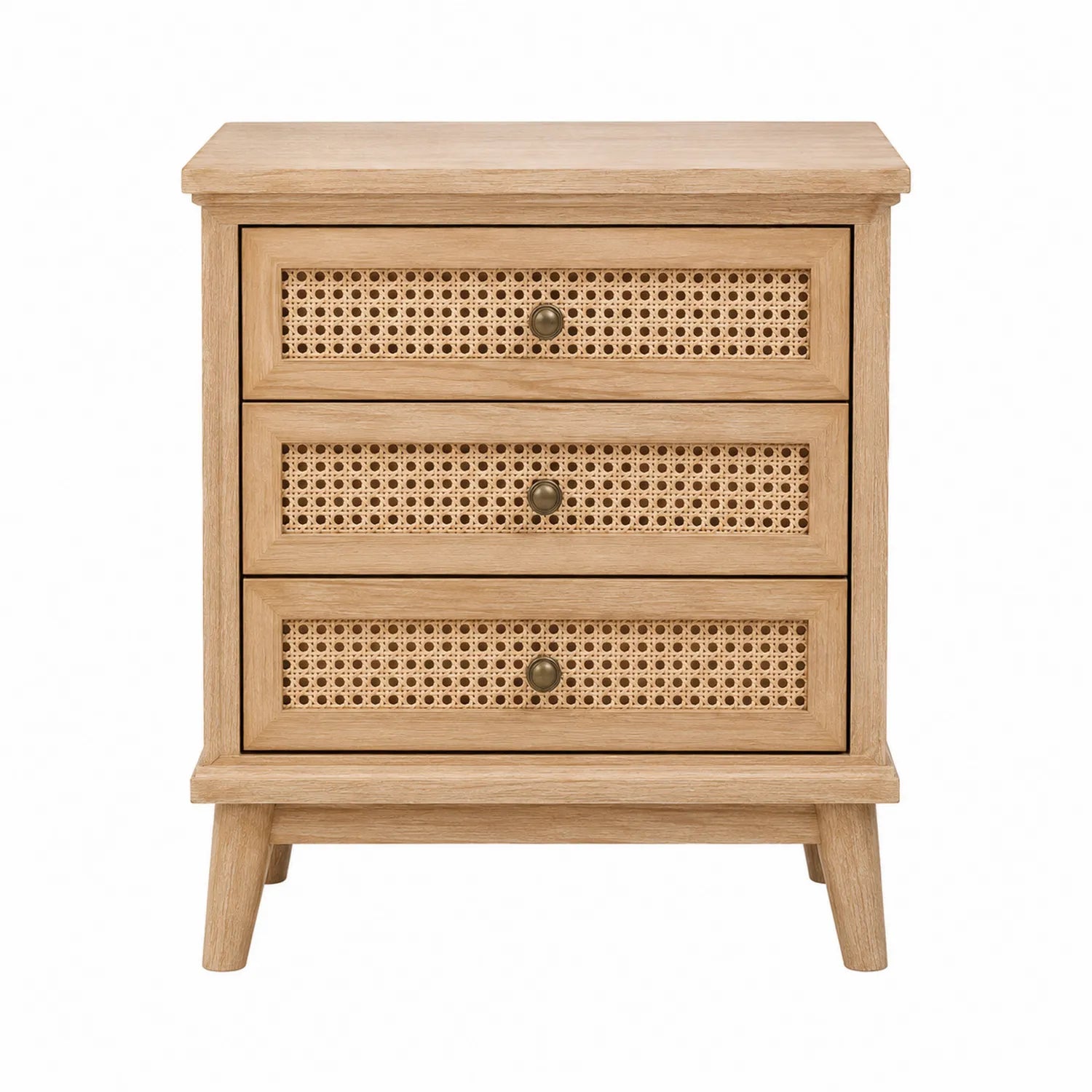 Mesita de noche de madera con 3 cajones de ratán, color Natural, 60x40x70 cm