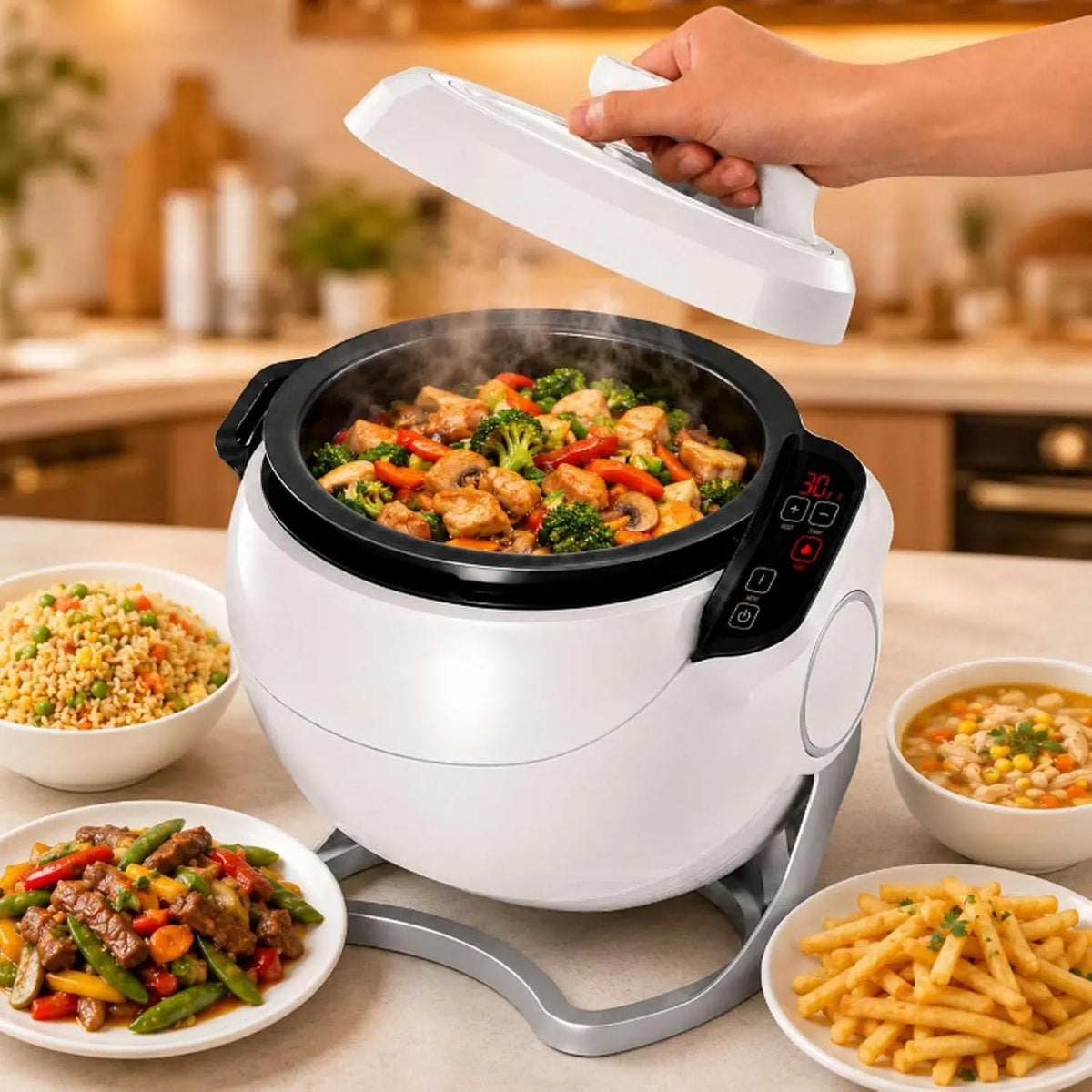 Küchenmaschine W 3D 6-Liter-Drehtrommelwok, 2000 W, 3D-Optik, Antihaftbeschichtung, 6-Liter-Drehtrommel ok, EIN-Knopf-Bedienung