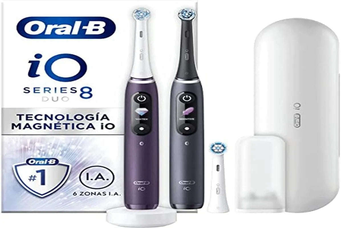 wiederaufladbar, violetter und schwarzer Griff, Oral-B iO 8 elektrische Zahnbürsten, 3 Aufsteckbürsten, 1 Reiseetui, Bluetooth-Verbindung, mit