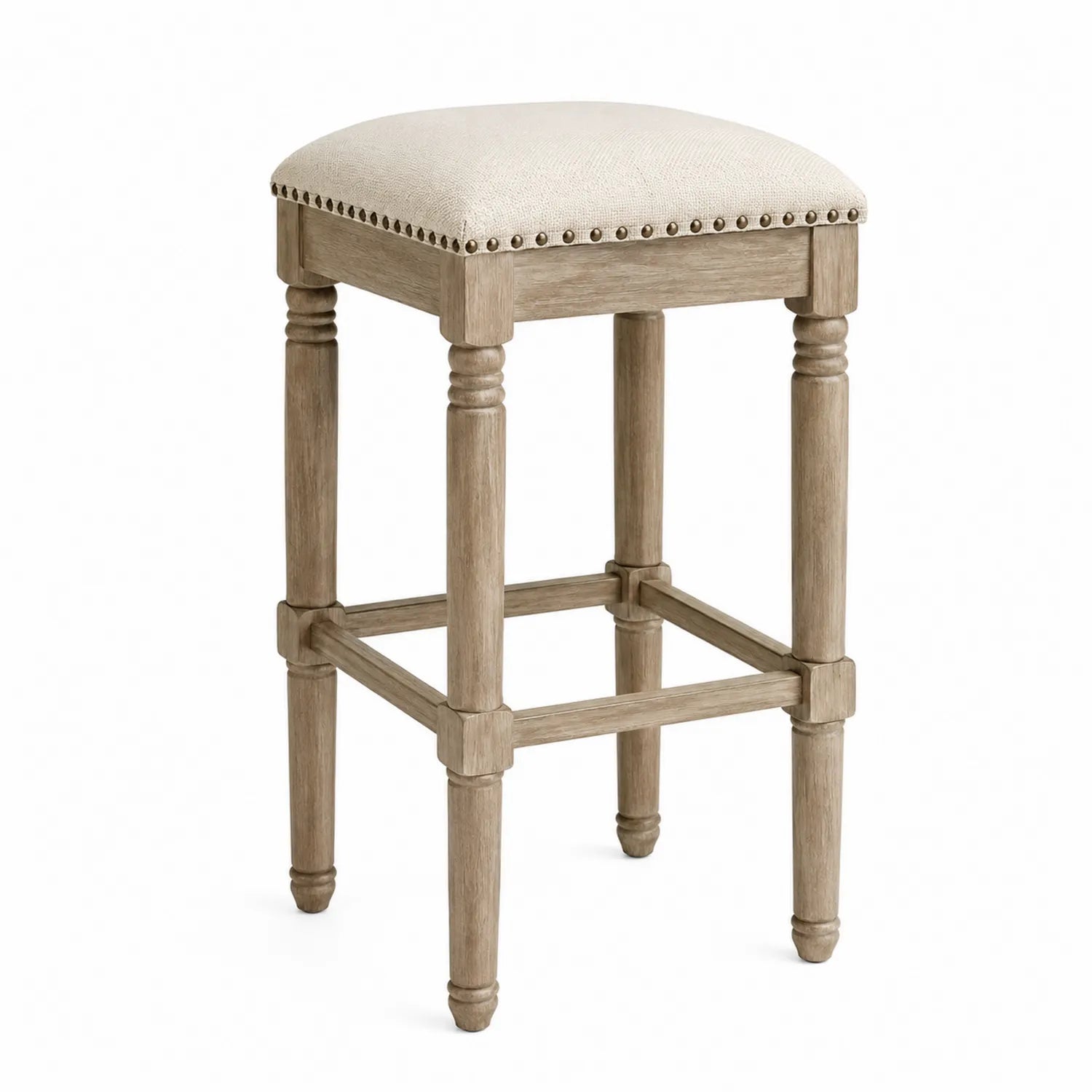 Taburete de bar con estructura de madera y asiento de lino beige