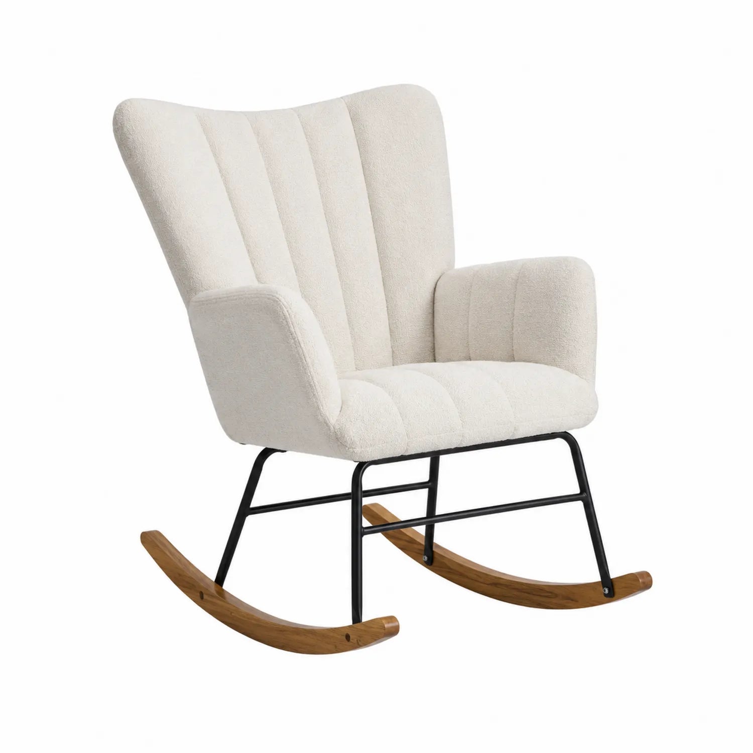 Silla mecedora beige con estructura de metal y patas de madera
