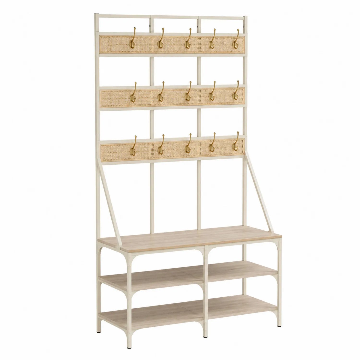 Perchero de Madera y Metal con Ganchos y Estantes Beige
