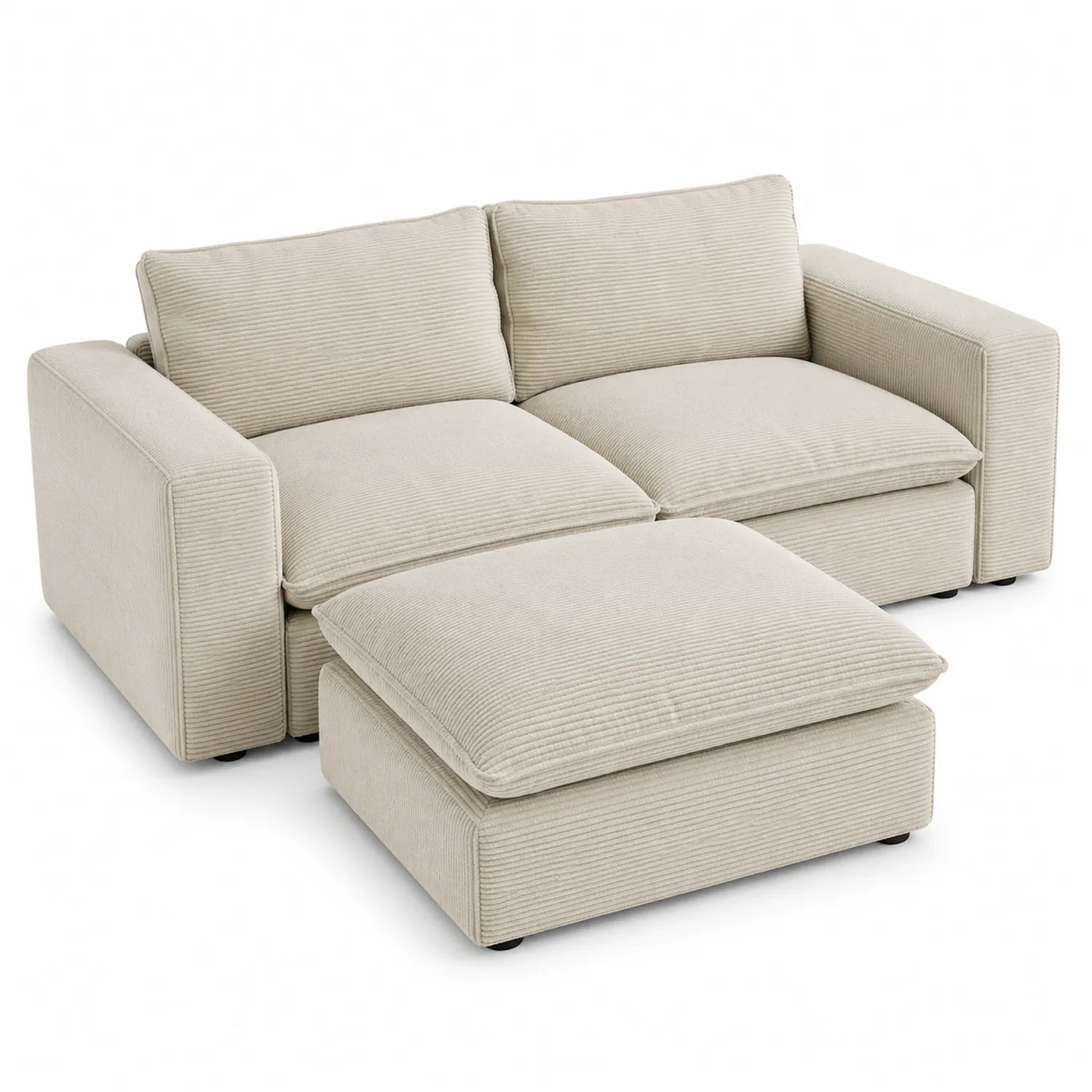 Sofá modular de tela acanalada beige 2 plazas con otomana