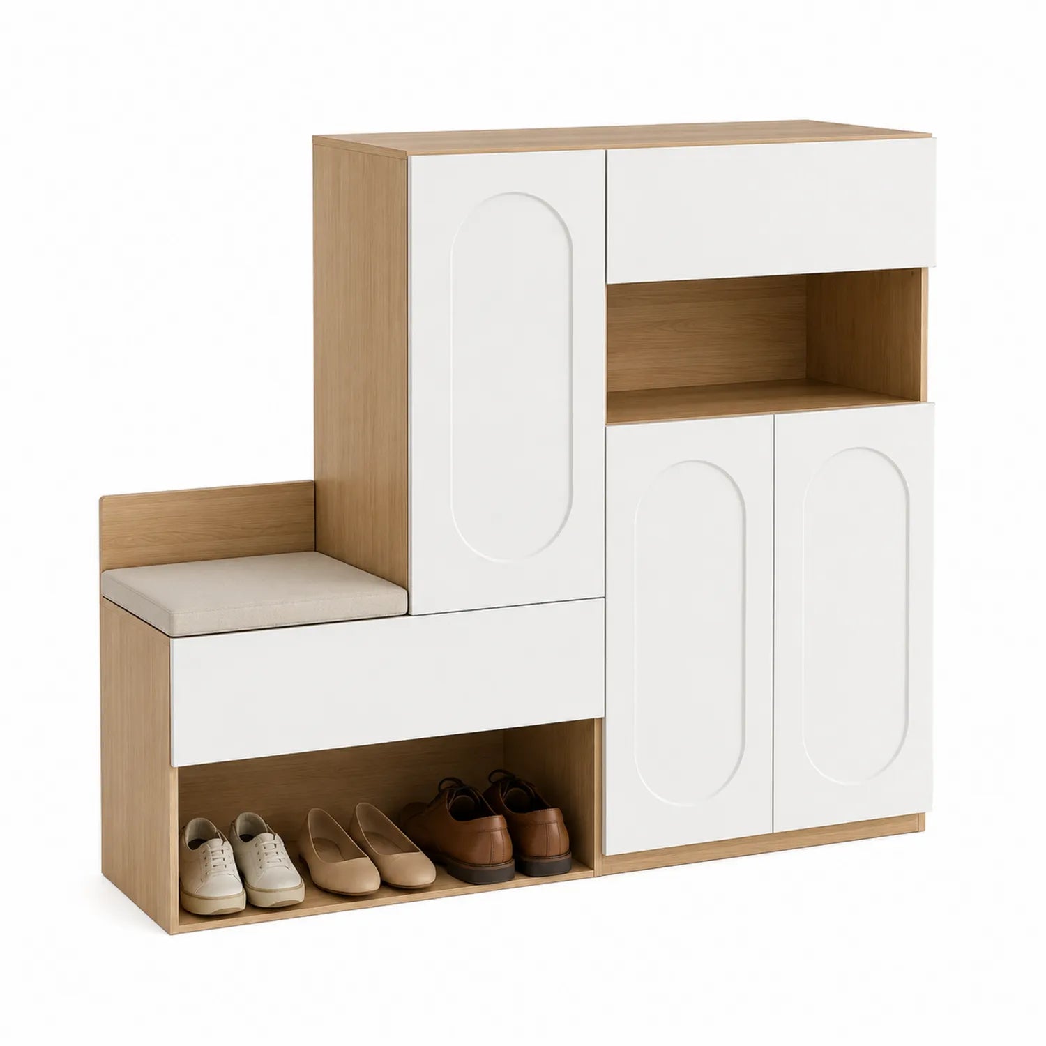 Mueble Organizador de Calzado con Banco de Madera y MDF Blanco