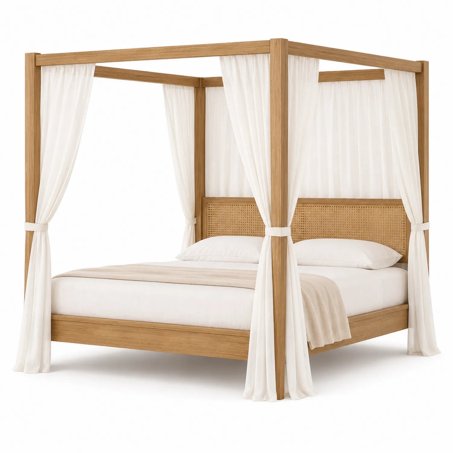 Cama con Dosel de Madera con Cabecero de Ratán y Cortinas Blancas 200x150 cm