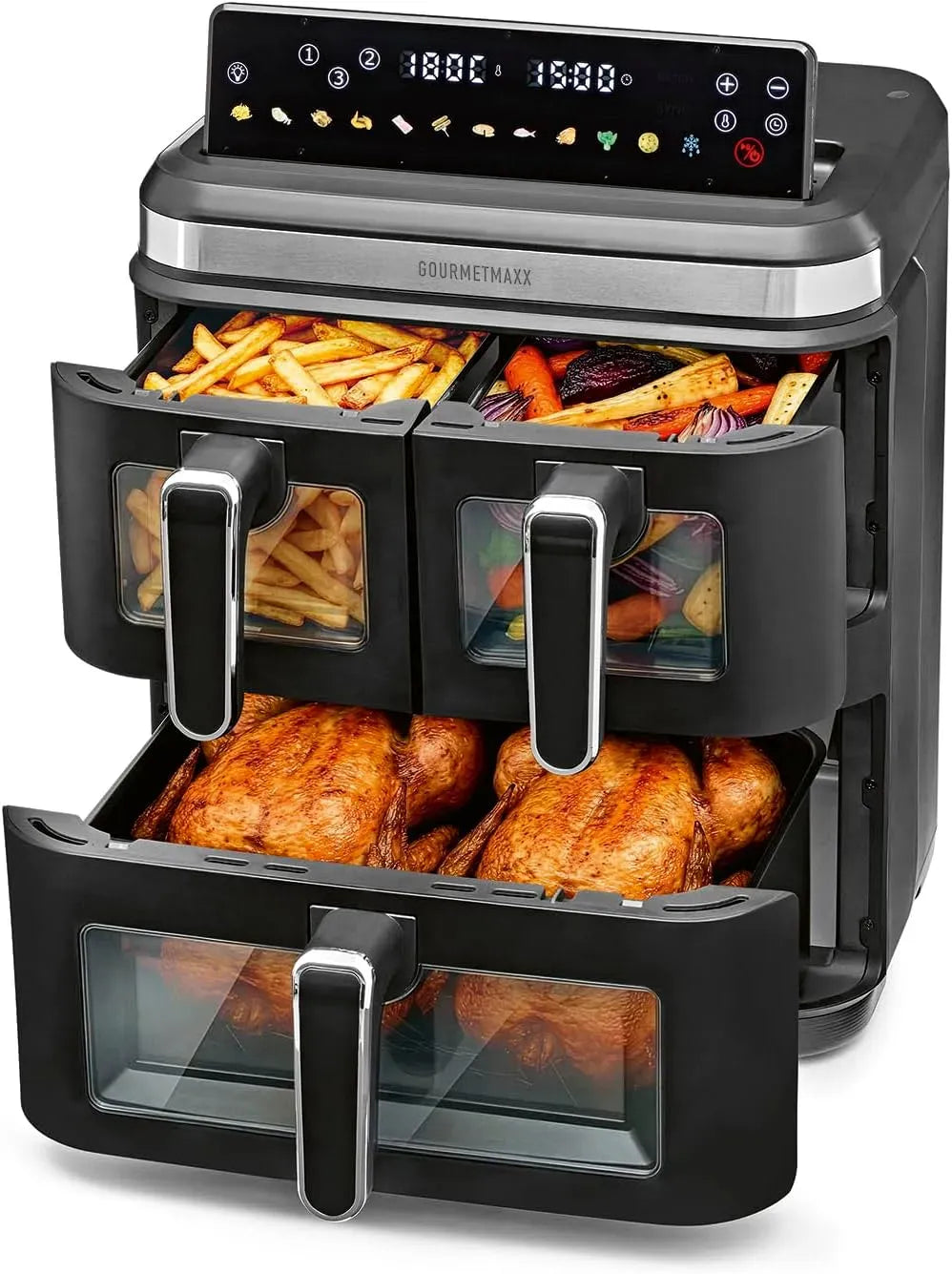 Heißluftfritteuse, GOURMETmaxx FryUp3, elektrische Fritteuse ohne Öl, Vertikale Heißluftfritteuse 3 Kammern
