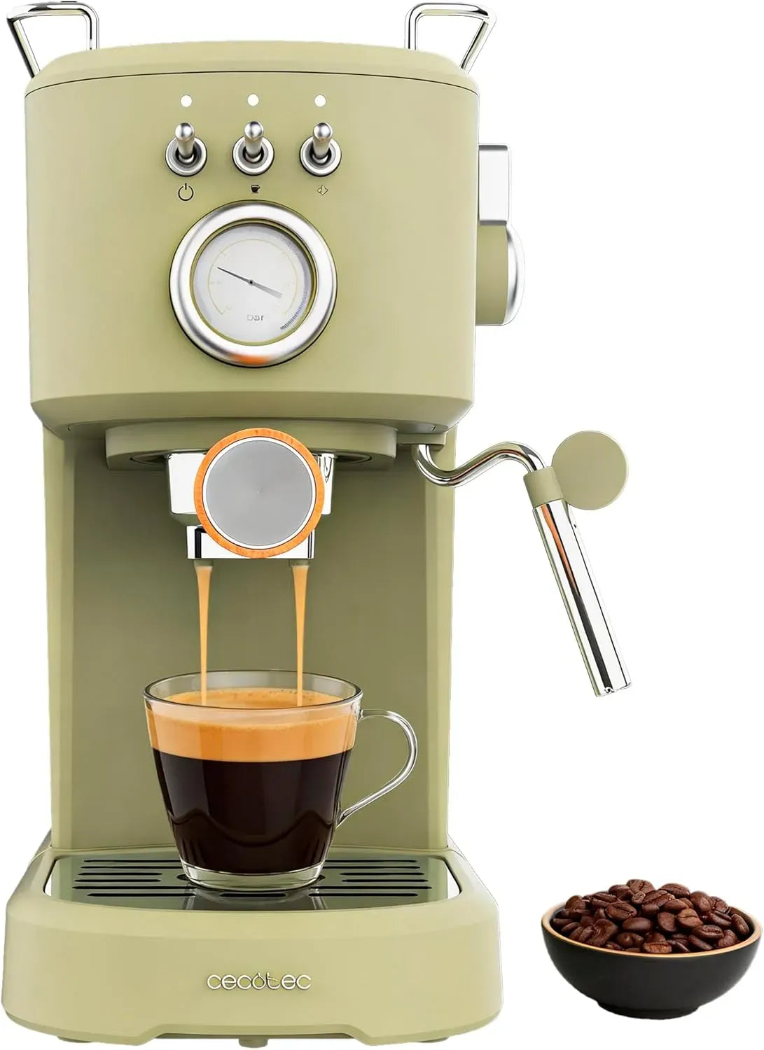 Cecotec Milchaufschäumer, 1,25 L, 1100 W, Milchschäumer, großer Wassertank, Edelstahl, Grün, Siebträgermaschine Power Espresso 20 Retro Green Elite