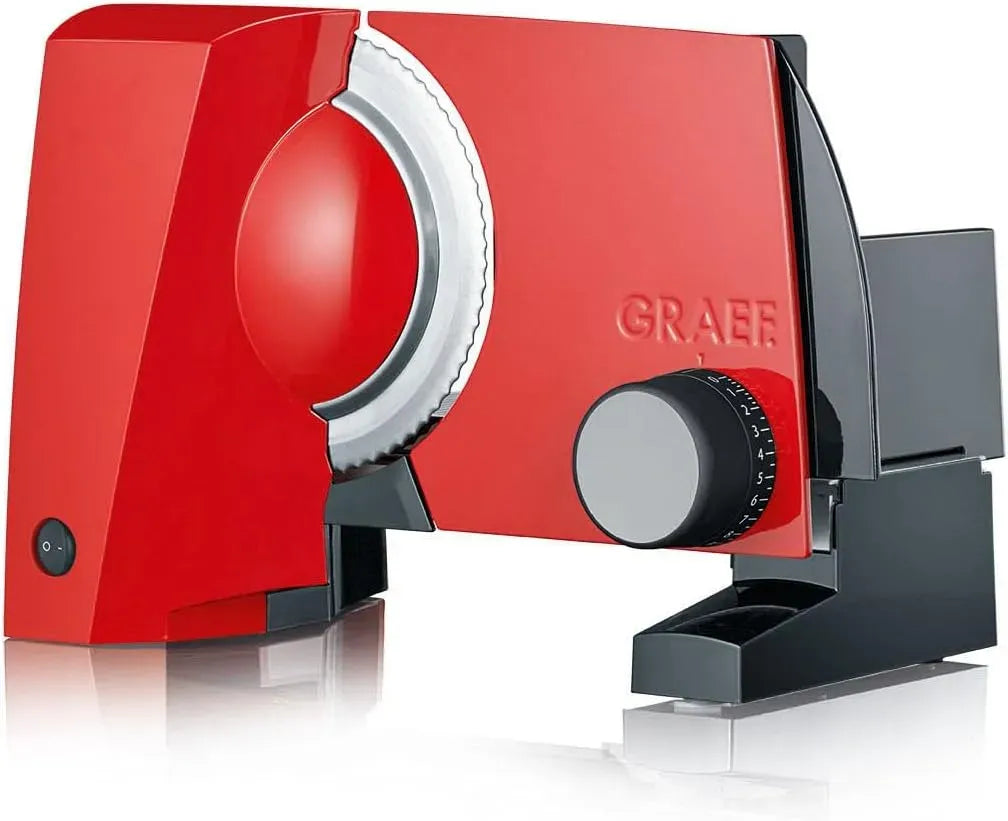 GRAEF S10003 SKS100 Edelstahl-Wellenschliffmesser, Energiesparmotor, Allesschneider, Schneidemaschine für Lebensmittel, 170 W, 170 mm, 20 mm, Rot