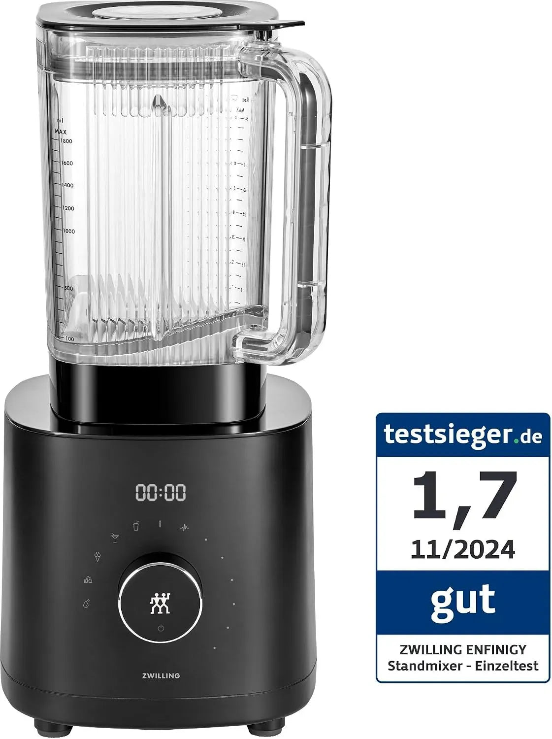 Standmixer, 1.8 L, ZWILLING ENFINIGY 1600-Watt-Hochleistungsmotor, Edelstahl, Schwarz, Mixer mit Edelstahl-Winglet-Klinge &